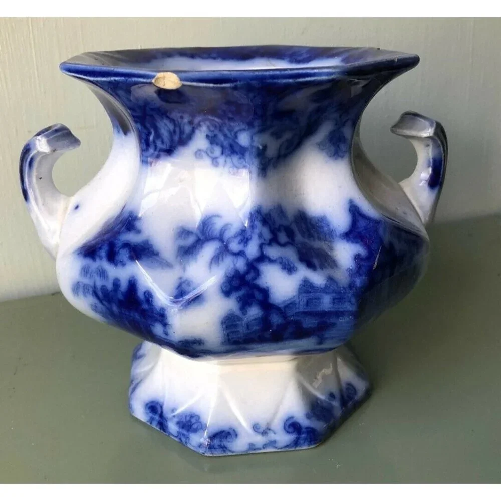 vintage Flow Blue Transferware double handle urn sugar bowl pot jar planter